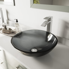 VIGO Sheer Black Glass Vessel Bathroom Sink Set With Duris Vessel Faucet In Brushed Nickel