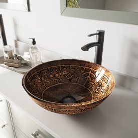 VIGO Golden Greek Glass Vessel Bathroom Sink Set With Milo Vessel Faucet In Antique Rubbed Bronze