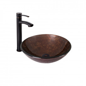 VIGO Kenyan Twilight Glass Vessel Bathroom Sink and Milo Faucet Set in Antique Rubbed Bronze Finish