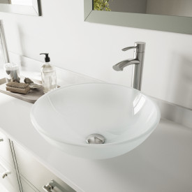 VIGO White Frost Glass Vessel Bathroom Sink Set With Milo Vessel Faucet In Brushed Nickel