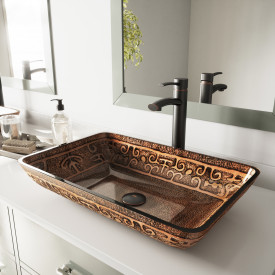 VIGO Rectangular Golden Greek Glass Vessel Bathroom Sink Set With Milo Vessel Faucet In Antique Rubbed Bronze