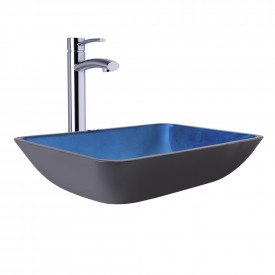 VIGO Rectangular Turquoise Water Glass Vessel Bathroom Sink Set With Milo Vessel Faucet In Chrome