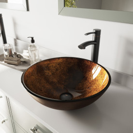 VIGO Russet Glass Vessel Bathroom Sink Set With Milo Vessel Faucet In Antique Rubbed Bronze