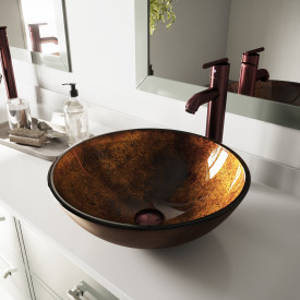 VIGO Russet Glass Vessel Bathroom Sink Set With Seville Vessel Faucet In Oil Rubbed Bronze