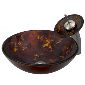 Brown and Gold Fusion Glass Vessel Sink and Waterfall Faucet Set