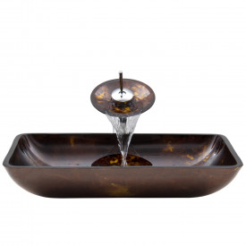 VIGO Rectangular Brown And Gold Fusion Glass Vessel Bathroom Sink And Waterfall Faucet Set