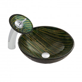 Green Asteroid Glass Vessel Sink and Waterfall Faucet Set