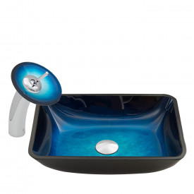 VIGO Rectangular Turquoise Water Glass Vessel Bathroom Sink And Waterfall Faucet Set
