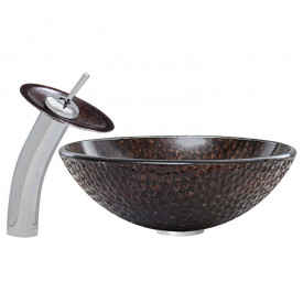 Copper Shield Glass Vessel Sink and Waterfall Faucet Set