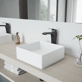 VIGO Dianthus Matte Stone™ Vessel Bathroom Sink Set With Blackstonian Vessel Faucet In Matte Black