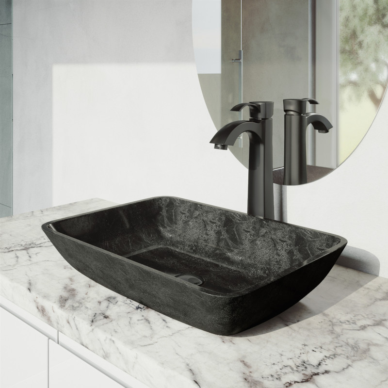 Vigo Rectangular Gray Onyx Glass Vessel Bathroom Sink Set With Otis Faucet In Matte Black - Gray Vessel Bathroom Sinks