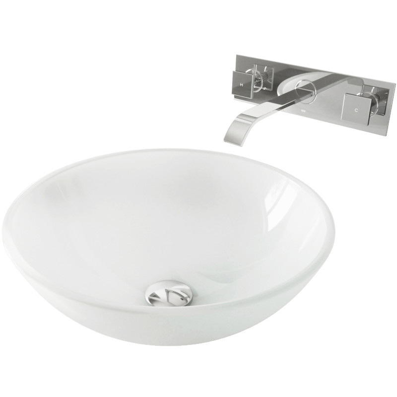 Chrome VIGO White Frost Vessel Sink and Titus Wall Mount Faucet with Pop Up 