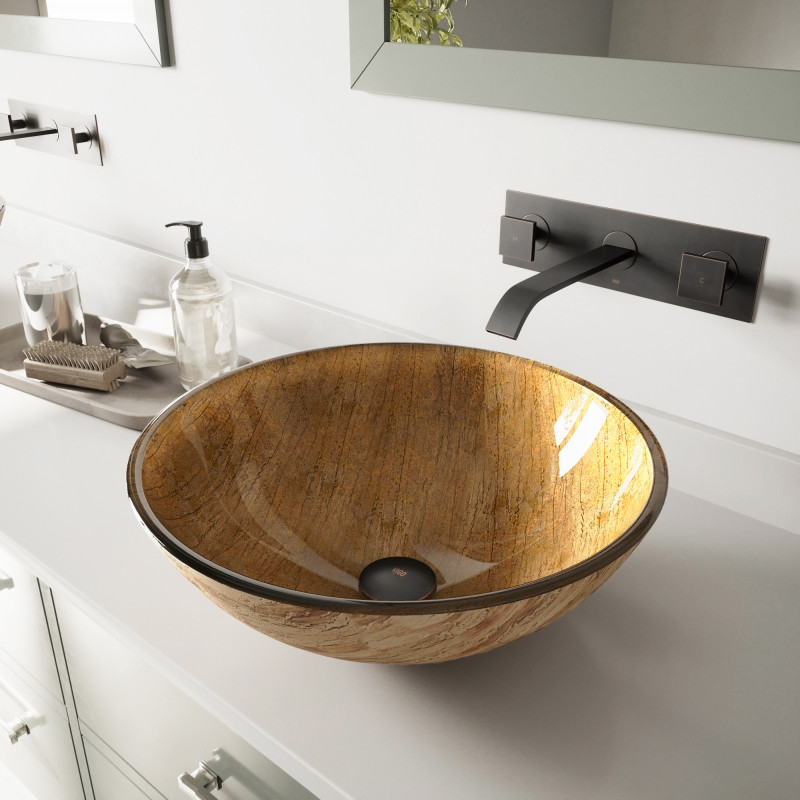 VIGO Rectangular Amber Sunset Glass Vessel Bathroom Sink and Titus Wall Mount Faucet with Pop Up Chrome