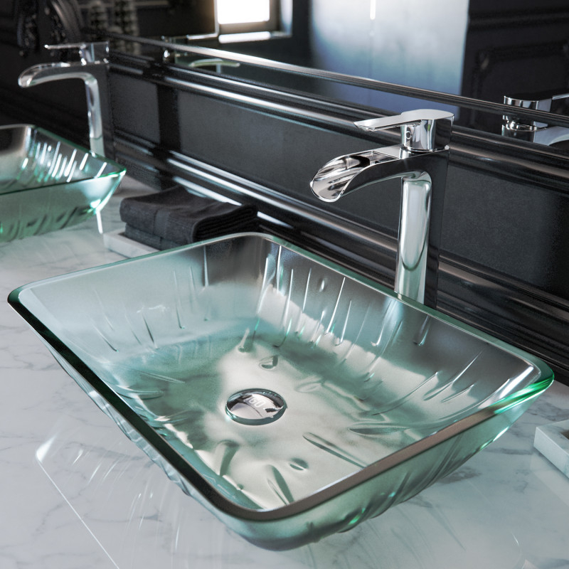 VIGO Rectangular Icicles Glass Vessel Bathroom Sink with Niko Vessel Faucet in Chrome