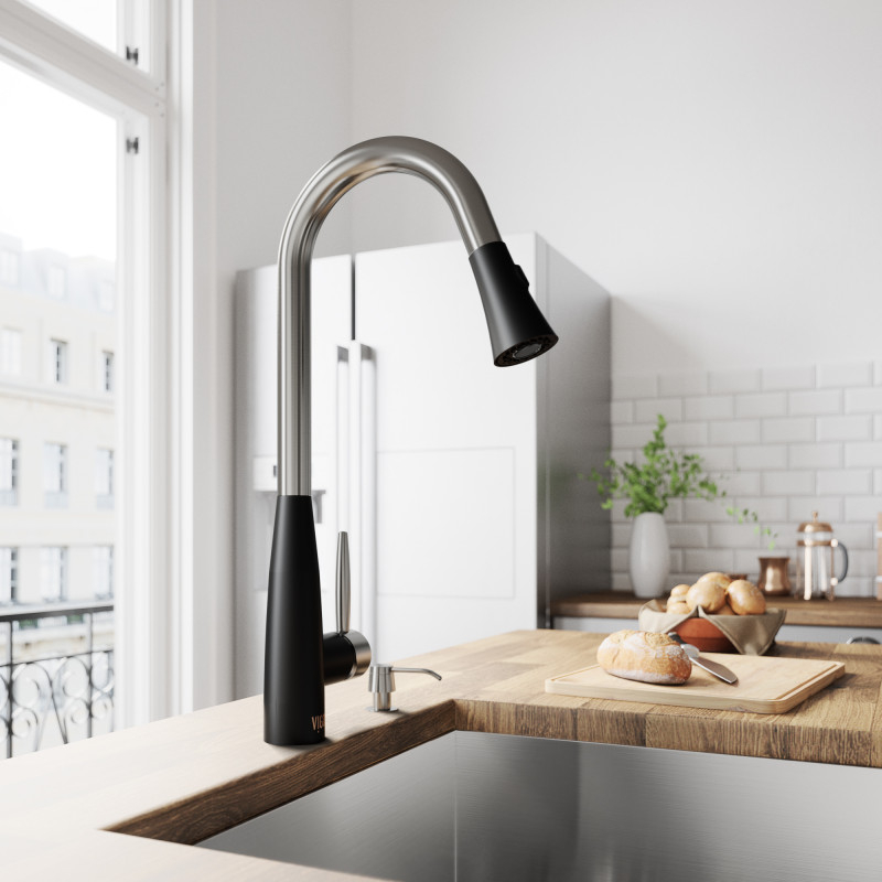 A stately, modern kitchen faucet in a matte black finish
